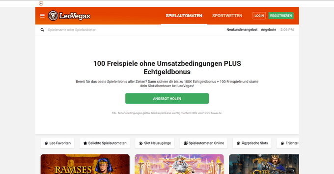Screenshot der Website von LeoVegas
